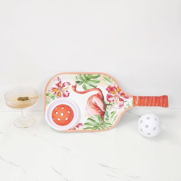 Flamingo Melamine Chip and Dip Tray, Tropical Floral Pickleball Paddle design. - Picture 5 of 9